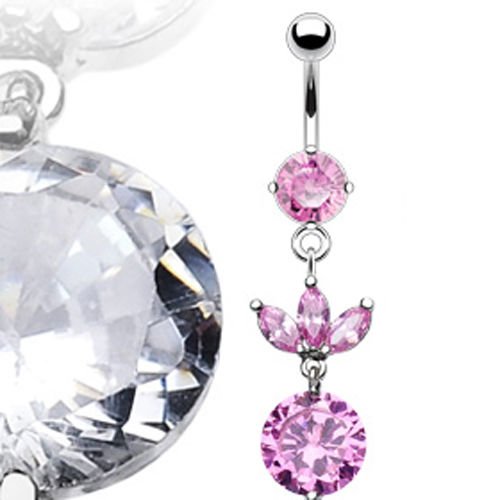 Krone Bauchnabel Piercing mit Kristallen und Kristallanhänger in Weiß und Rosa