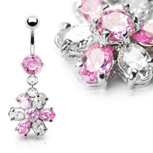 Bauchnabelpiercing mit großer Kristallblume mit Kristallen in Klar und Rosa