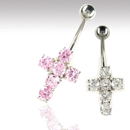 Silbernes Bauchnalbelpiercing mit festem Kreuz und Kristallen in Rosa oder Klar