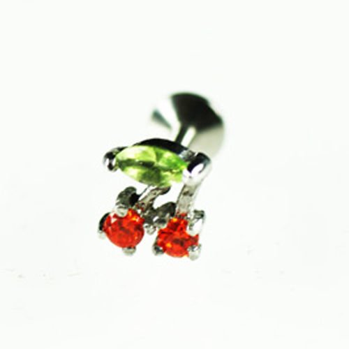 Ohr Piercing Stecker als Kirsche mit Kristallen in Grün und Rot