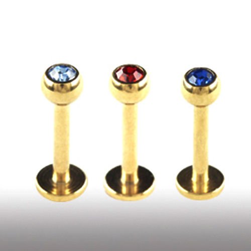 Tragus Piercing gold labret mit Glitzer kugeln in aqua, rot und dunkelblau