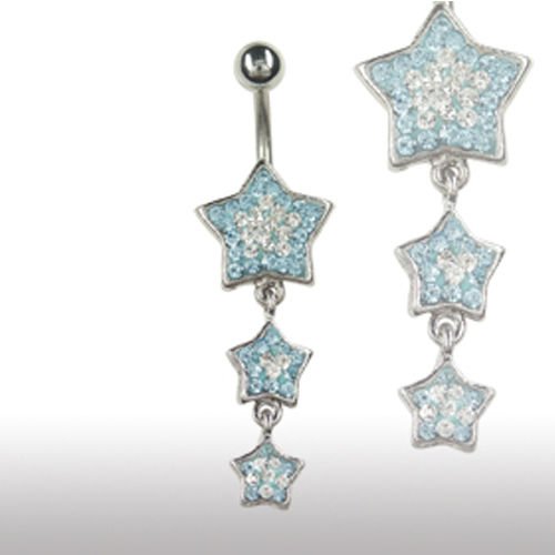 Bauchnabelpiercing mit 3 großen Sternen als Anhänger mit vielen Kristallen in Aqua