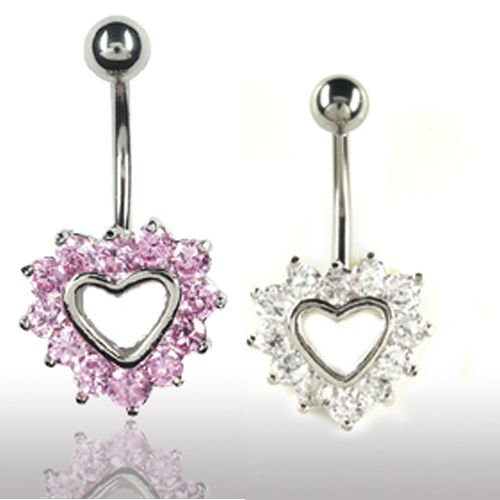 Herz mit vielen Kristallen Bauchnabel Piercing Schmuck in Silber mit Kristallen in Rosa und Klar