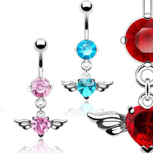 Bauchnabelpiercing Herz mit Flügel Anhänger und vielen Kristallen in Rosa, Aqua und Rot