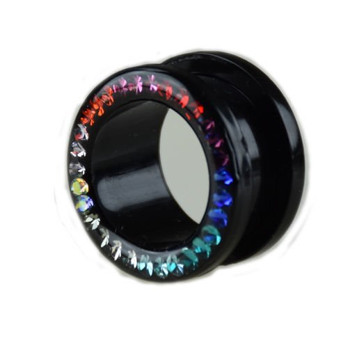Schwarzer Ohr tunnel aus kunststoff mit Kristallen in Regenbogen Farben