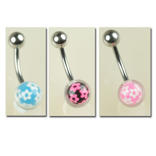 silbernes bauchnabel Piercing mit Blumenmotiv Kugeln in blau, rosa und schwarz