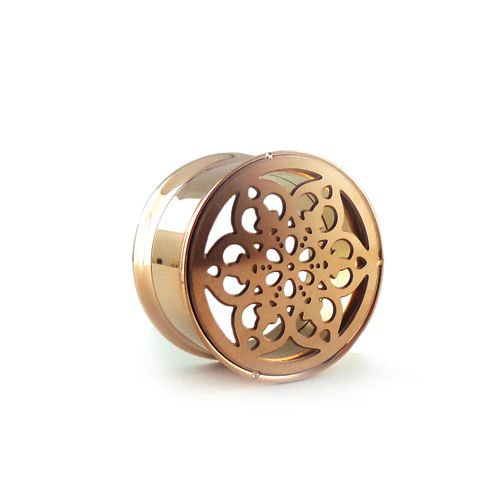 rosegold double flared tunnel mit Blume als ornament inlet