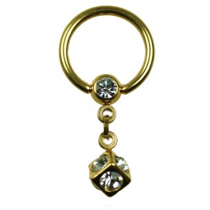 Ohr Piercing Würfel Gold Ring mit kette und Glitzerkristall 