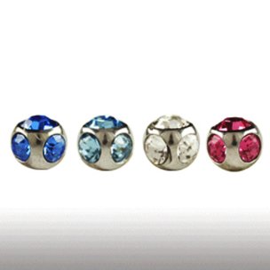 silberne 4mm piercing Kugel mit 5 Kristallen 1,6mm gewinde in verschiedenen Farben
