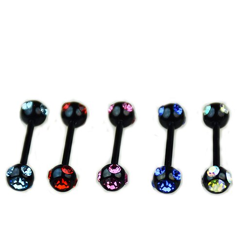 gerader Piercing Stab in schwarz mit 5 Kristallstein Glitzer Kugeln in vielen Farben