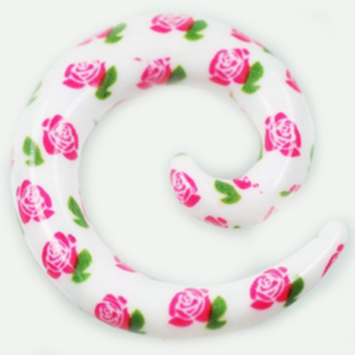 Kunststoff Dehnschnecke in weiß mit Rosenmuster zum ohr dehnen