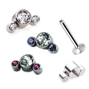 Titan Labret Ohr Piercing Stecker mit 3er Kristall aufsatz in verschiedenen Größen und Farben