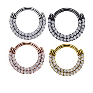 Septum Piercing Clicker Ring mit 2 Kristall Reihen in Silber