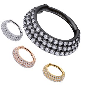 Clicker Ring mit 3 versetzten Kristallreihen für Ohr Helix Piercing in Silber, Gold, Rosegold und Schwarz