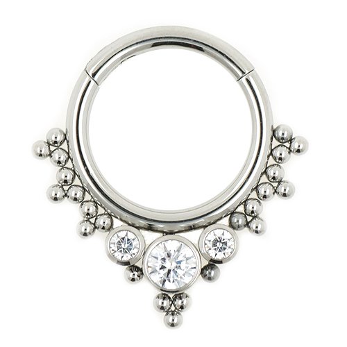 Septum Clicker Ring im Boho Stil mit Kugeln und Kristallen am Rand in Silber