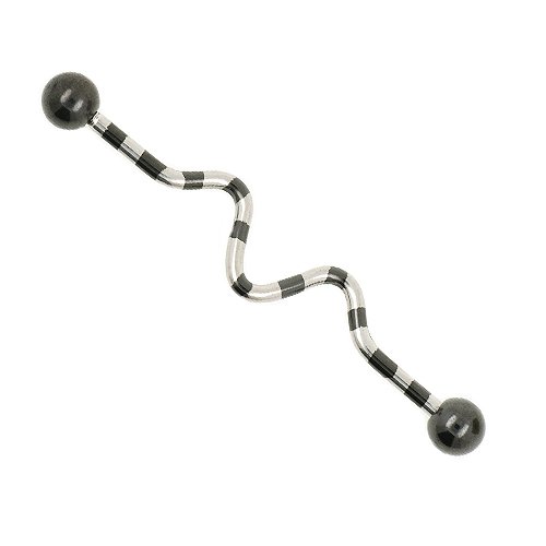 schwarz silber gestreifter industrial piercing barbell im wellen design