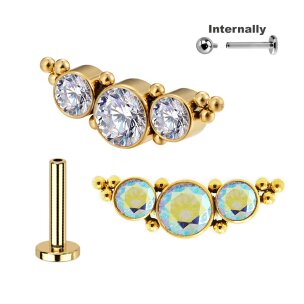 1,2mm Titan Labret mit Gold 3er Kristall und Kugeln