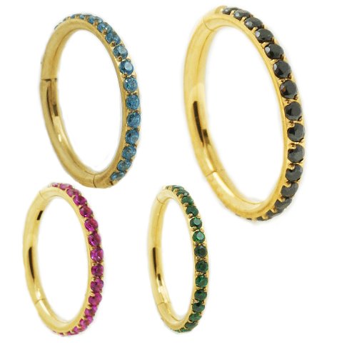 Goldener Ohr Piercing Clicker Ring schmal mit vielen Kristallen, in verschiedenen Farben
