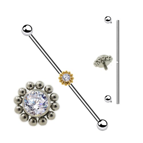 titan industrial piercing schmuck mit kristall und Kugeln Aufsatz in der Mitte in Silber oder Gold