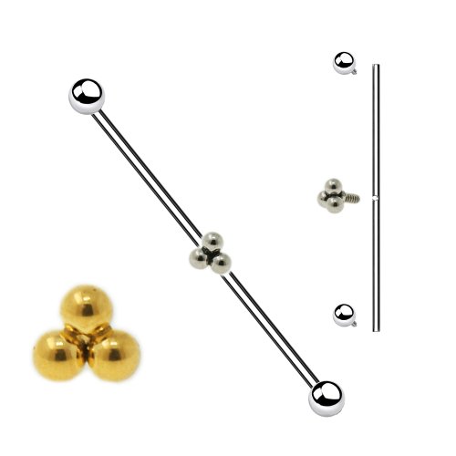 titan industrial piercing schmuck mit 3er Kugeln Aufsatz in der Mitte in Silber oder Gold