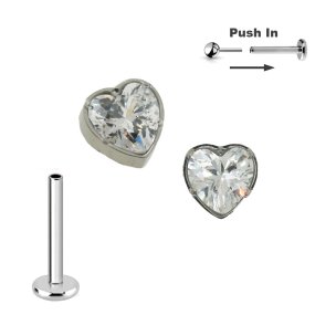 Titan Micro Push Pin stecksystem mit Kristall Herz in Silber