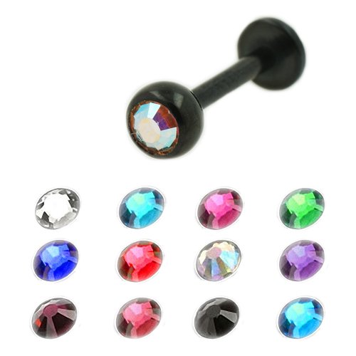 Schwarzes Piercing Labret mit Glitzer Kristallkugel in vielen Farben