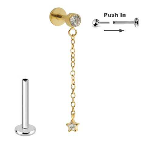 Titan Steck Labret mit Gold Stern Anhänger an Kette Push Pin