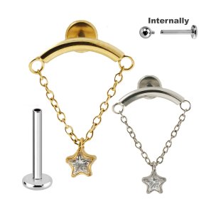 Titan Hidden Helix Push Pin Innengewinde mit Stern Kristall Anhänger an Kette in Silber Gold