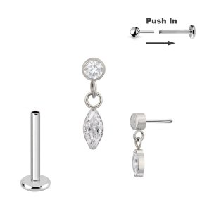 1,2mm Ohr Helix Lobe Piercing Titan Stecker Push Pin Stecksystem mit ovalem Kristall Anhänger