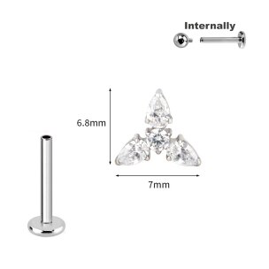 1,2mm 3er Kristall Blüte Titan Labret Innengewinde