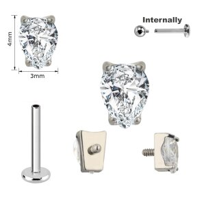 1,2mm gefasster Tropfen Kristall Titan Labret Innengewinde