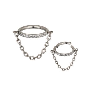 Piercing Clicker Ring mit Kristallen und Kette in Silber