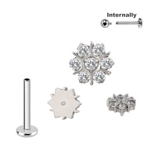 Titan Labret Innengewinde mit Blüte Blume viele Kristalle Aufsatz in Silber