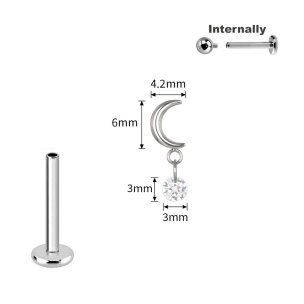 1,2mm Mond mit Kristall Anhänger Titan Labret Innengewinde