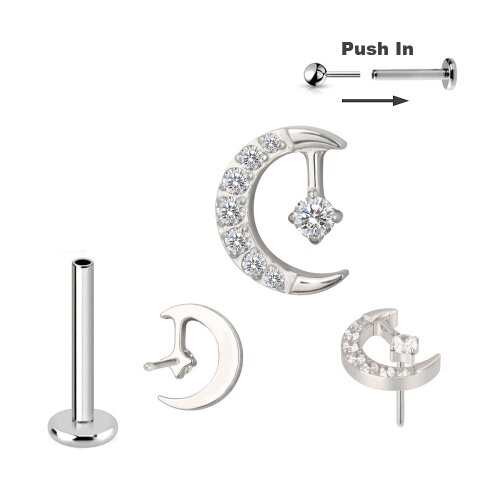 Titan Micro Push Pin stecksystem mit Kristall Mond Stern in Silber