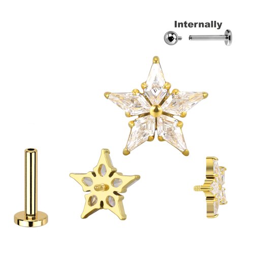 Titan Labret Innengewinde mit Stern viele Kristalle  Aufsatz in Gold