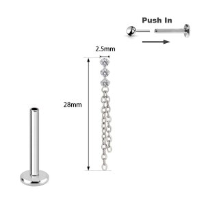 Titan Steck Labret Kristall Bar mit Ketten Push Pin
