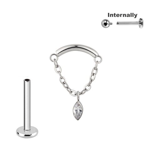 Titan Hidden Helix Push Pin Labret mit ovalem Kristall Anhänger an Kette in Silber