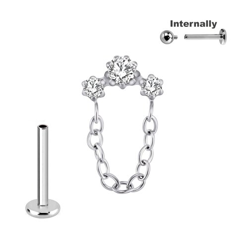 Titan Labret Innengewinde mit 3 Kristallen und Kette Aufsatz in Silber