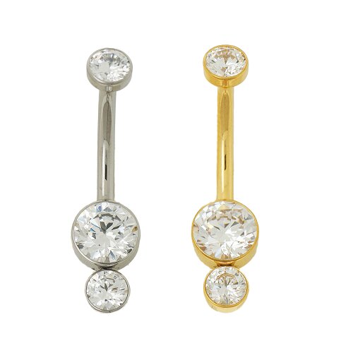 Bauchnabelpiercing in Titan Gold oder Silber mit flachenen Doppel Kristallen in Klar