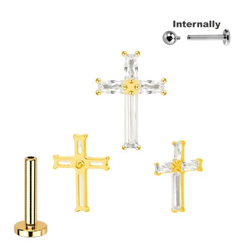 Titan Labret Innengewinde mit lange Kristalle Kreuz Aufsatz in Gold