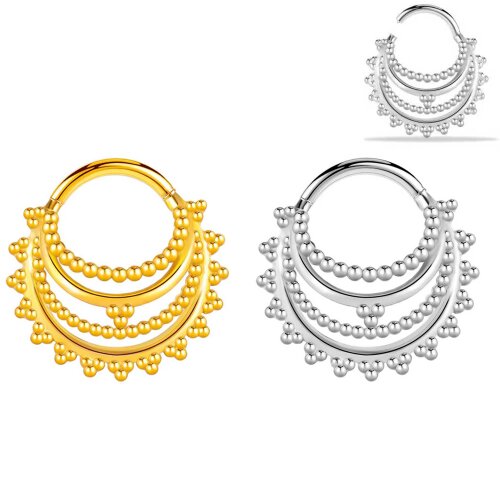 Septum Clicker Ring Spitz mit  3 Reihen Boho Ornament Muster in Silber, Gold