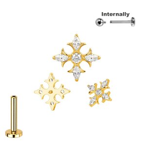 Titan Labret Innengewinde mit Kristall Kreuz Aufsatz in Gold