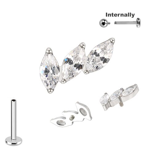 Titan Labret Innengewinde mit 3 Ovalen Kristallen aneinander Aufsatz in Silber
