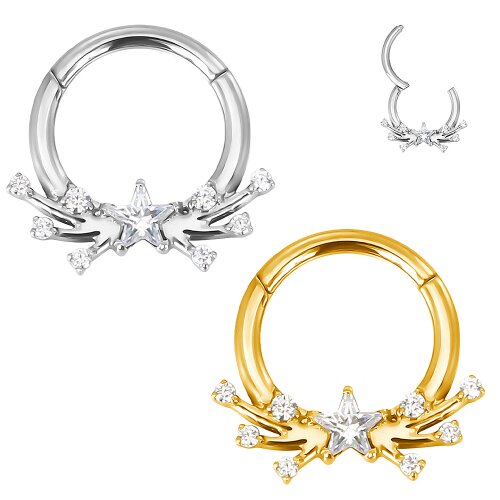 Septum Ohr Piercing Clicker Ring mit Stern und Kristallen in Silber und Gold