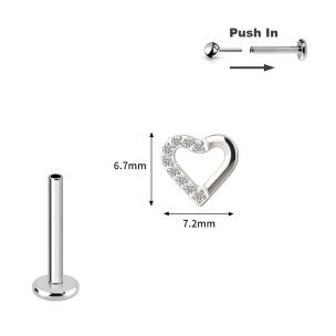 Titan Herz mit Kristallen Labret Stecksystem Push Pin