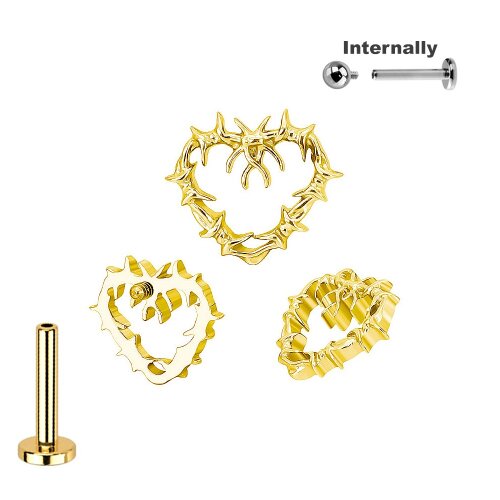 Titan Gold Labret Innengewinde mit Stachel Herz Aufsatz Ohr Piercing Schmuck
