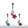 Silbernes Bauchnabelpiercing mit 3 festen Sternen und vielen Glitzerkristallen in Aqua, Lila und Rosa