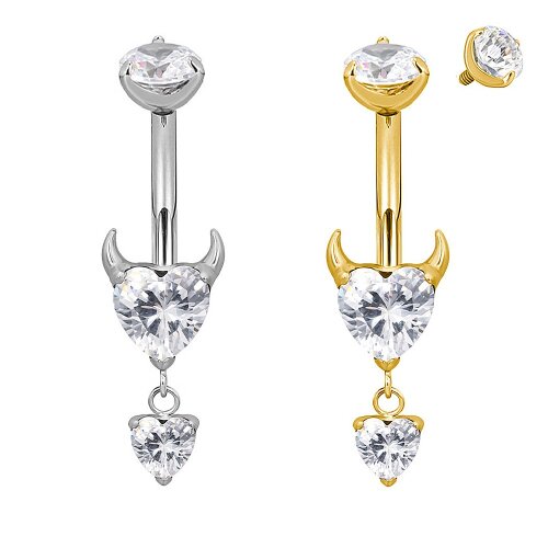 Bauchnabelpiercing in Titan Gold oder Silber mit Teufel Herz Kristallen in Klar