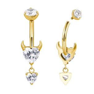 TITAN Teufel Herz mit Anhänger Kristalle Bauchnabel Piercing Banane Gold